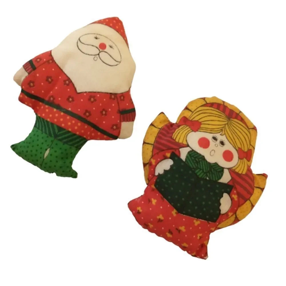 Vtg 80s Christmas Stuffed Ornament Lot‎ of 2 Fabric Handmade Angel Santa Claus.